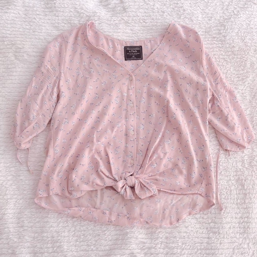 pink floral tie blouse with half sleeves